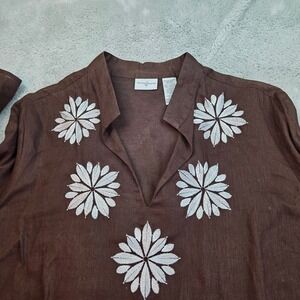 Jaclyn Smith Linen Blend Embroidered Tunic Top Womens XL Brown Floral V-Neck